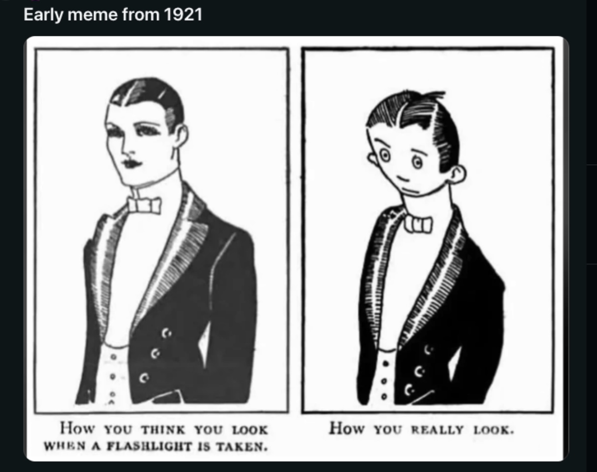 1921 two-panel comic from The Judge: a stylized self-portrait labeled 'How you think you look when a flashlight is taken' beside a plainer, more awkward drawing labeled 'How you really look.'